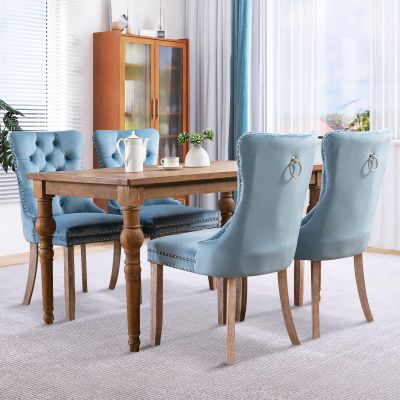 JETEAGO Velvet Dining Chair Set of 4, Upholstered Tufted Dining Room Chair with Nailhead Trim and Solid Wood Leg for Kitchen, Sky-Blue