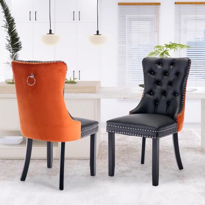 JETEAGO Leather Dining Chairs Set of 2, Tall Back Side Chair, Modern Upholstered Side Chair with Button Back Ring, Solid Wood Legs (Black&Orange)