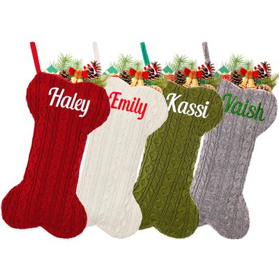 CRSTAFU Personalized Dog Christmas Stockings 4 Pack, Custom Embroidered Name Pet Dog Stockings Christmas, Family Knitted Bone Xmas Stocking with Name for Dogs