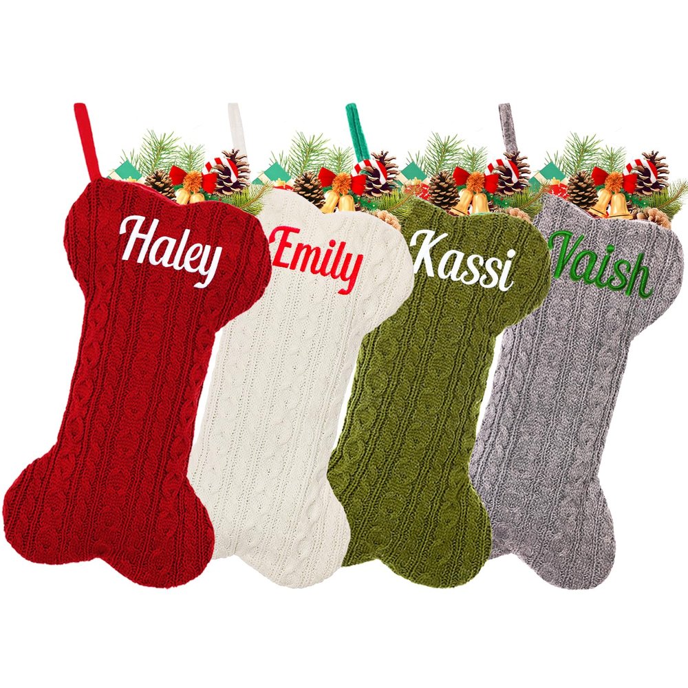 CRSTAFU Personalized Dog Christmas Stockings 4 Pack, Custom Embroidered Name Pet Dog Stockings Christmas, Family Knitted Bone Xmas Stocking with Name for Dogs