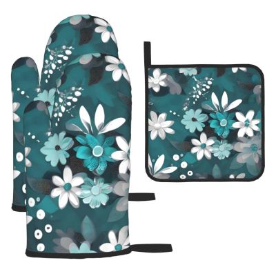 WHJYMX Kitchen Baking Three Piece Set - Oven Mitts and Pot Holders Sets for Microwave and Outdoor Grilling Teal Grey and White Floral Printed