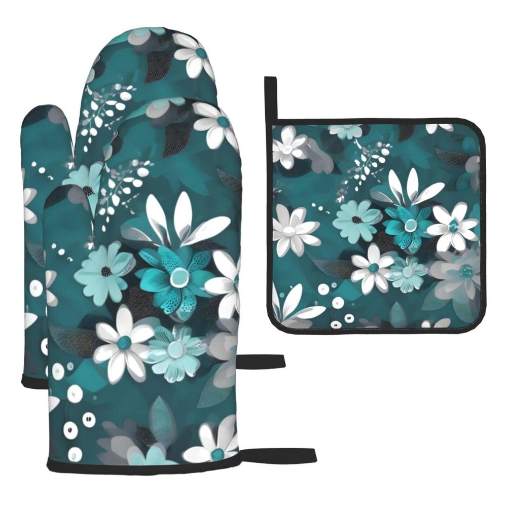WHJYMX Kitchen Baking Three Piece Set - Oven Mitts and Pot Holders Sets for Microwave and Outdoor Grilling Teal Grey and White Floral Printed