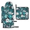 WHJYMX Kitchen Baking Three Piece Set - Oven Mitts and Pot Holders Sets for Microwave and Outdoor Grilling Teal Grey and White Floral Printed view 1