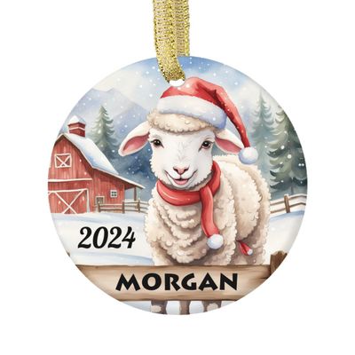 Personalized Lamb Animal in a Santa Hat for Lambs Farm Animals Lover Design | Custom Ceramic Animal Themed Xmas Ornament | Fun 3 Inch Holiday Decoration Customized