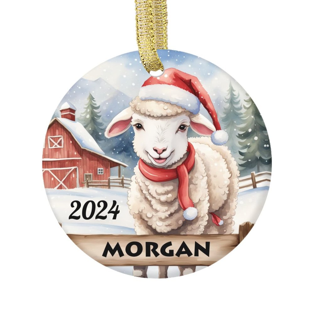 Personalized Lamb Animal in a Santa Hat for Lambs Farm Animals Lover Design | Custom Ceramic Animal Themed Xmas Ornament | Fun 3 Inch Holiday Decoration Customized