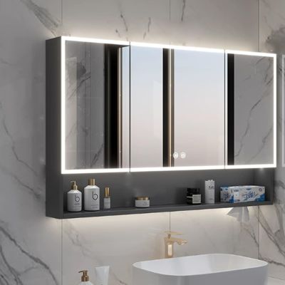 Bathroom Mirror with Storage Anti-Fog LED Lights and Touch Switch, Wall Mounted Medicine Cabinet with Paper Towel Slot