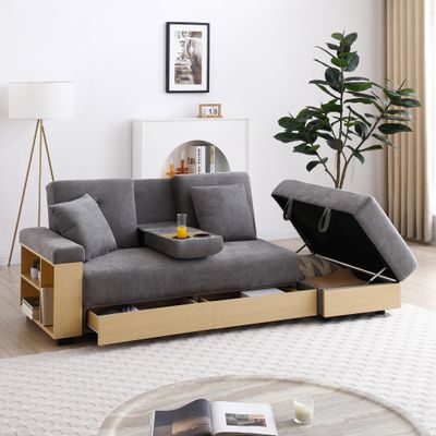 84" Sectional Sleeper Sofa Bed, Multi-Functional Sofa Bed Couch with Storage Chaise Built-in Bookshelves and Cup Holders, Modern 3-Seat Upholstered Futon Sofa w/Drawers for Living Room (Grey)