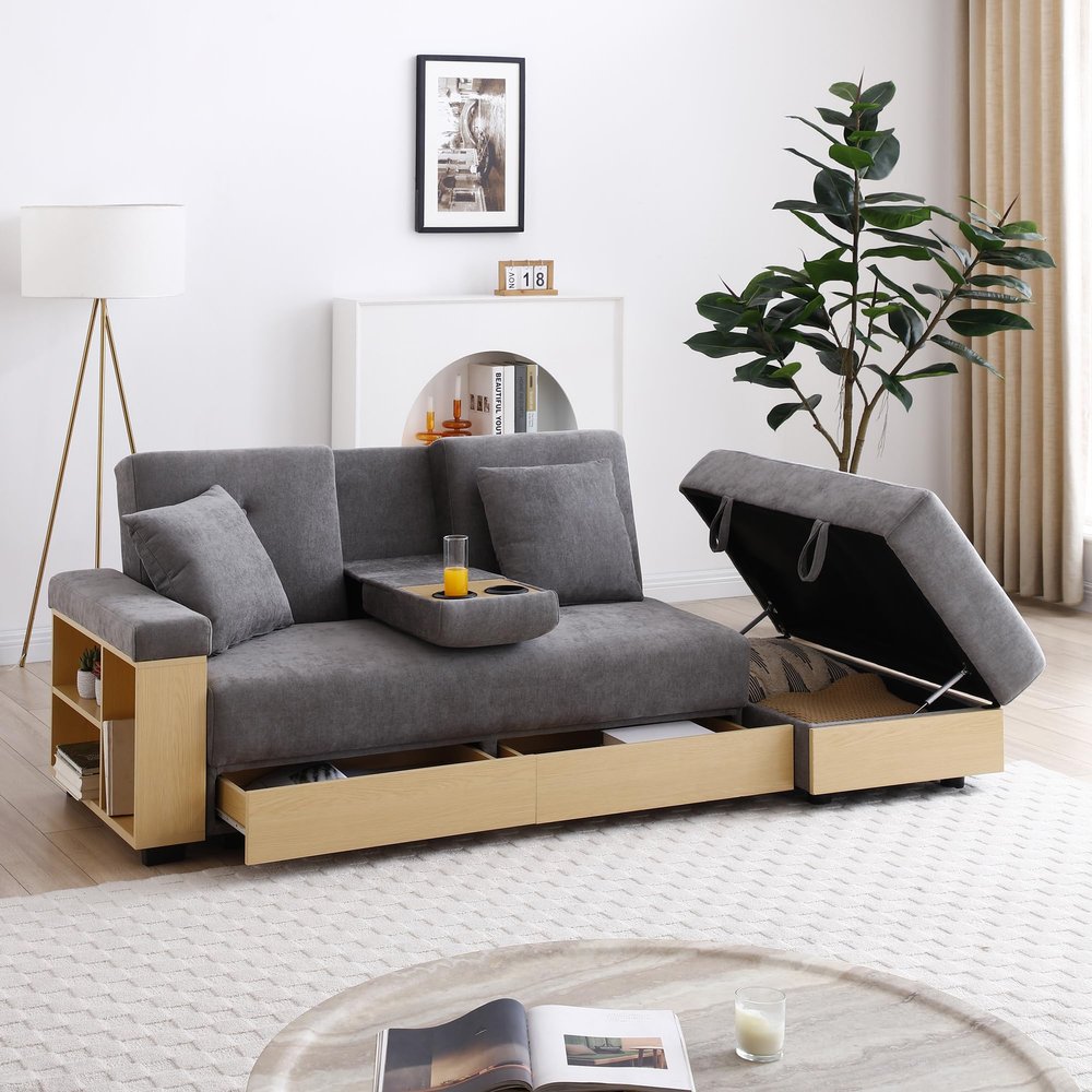84" Sectional Sleeper Sofa Bed, Multi-Functional Sofa Bed Couch with Storage Chaise Built-in Bookshelves and Cup Holders, Modern 3-Seat Upholstered Futon Sofa w/Drawers for Living Room (Grey)