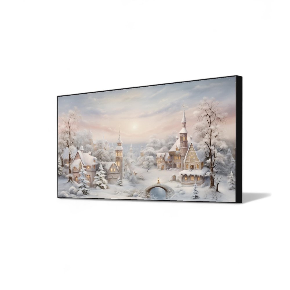 GOSTUDY Winter Canvas Wall Art, Winter Snow Scene, Victorian Medieval Wall Decor, Large Winter Scene Pictures for Living Room,Bedroom,Entryway, Ready to Hang (Black Frame, 48" L x 27" W)