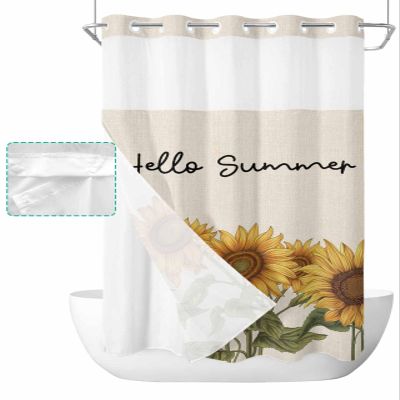 SEVENBABU Summer Sunflowers No Hook Shower Curtain with Snap in Liner Waterproof Shower Curtain Set for Bathroom Vintage Sunflowers Floral Beige Shower Curtain with See Through Top Window 36"x72"