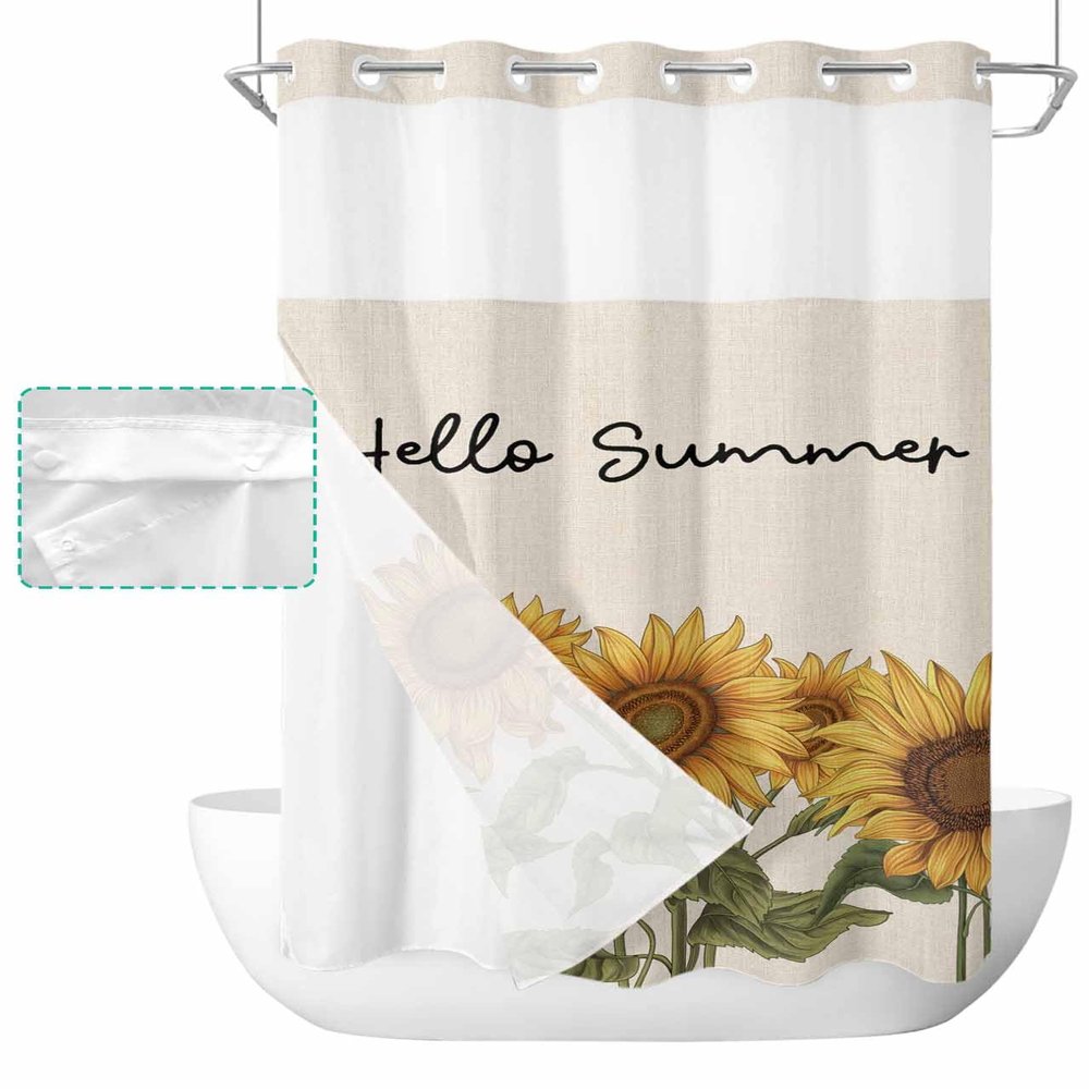 SEVENBABU Summer Sunflowers No Hook Shower Curtain with Snap in Liner Waterproof Shower Curtain Set for Bathroom Vintage Sunflowers Floral Beige Shower Curtain with See Through Top Window 36"x72"