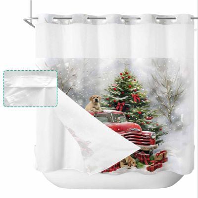 SEVENBABU Christmas Tree No Hook Shower Curtain with Snap in Liner Waterproof Shower Curtain Set for Bathroom Winter Xmas Truck Dogs Berry Snow Shower Curtain with See Through Top Window 66"x72"