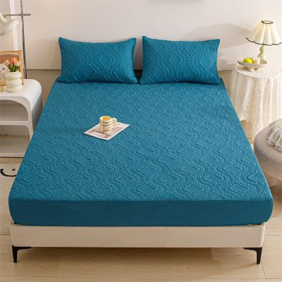 Easy Care Fitted Sheet,Pure Color Brushed Quilted Waterproof Fitted Bed Sheet, Elderly Kids Bedroom Urine-Proof Mattress Topper,Blue,180 * 220cm (3pcs)