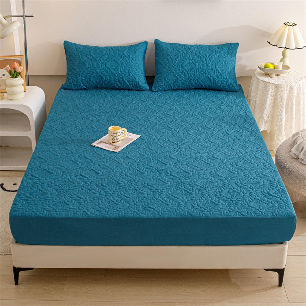Easy Care Fitted Sheet,Pure Color Brushed Quilted Waterproof Fitted Bed Sheet, Elderly Kids Bedroom Urine-Proof Mattress Topper,Blue,180 * 220cm (3pcs)