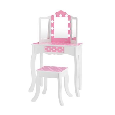 Teamson Kids - Fashion Polka Dot Prints Gisele Play Vanity Set with LED Lights - Pink/White