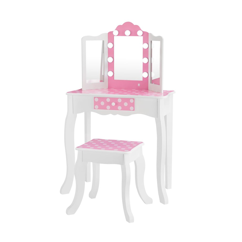 Teamson Kids - Fashion Polka Dot Prints Gisele Play Vanity Set with LED Lights - Pink/White