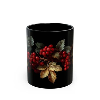 ElegantlySimple - Made in The USA - Red Cranberry Coffee Mug, Thanksgiving Golden Leaves Fall Foliage Black Tea Cup, Autumn Berries
