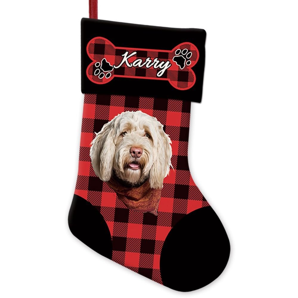 GABSHAIM Custom Portuguese Water Dog Christmas Stocking Dog Paws Bone Red Buffalo Check Plaid Hanging Christmas Stockings Xmas Christmas Decoration for Cat Dog Lover 14 Inch