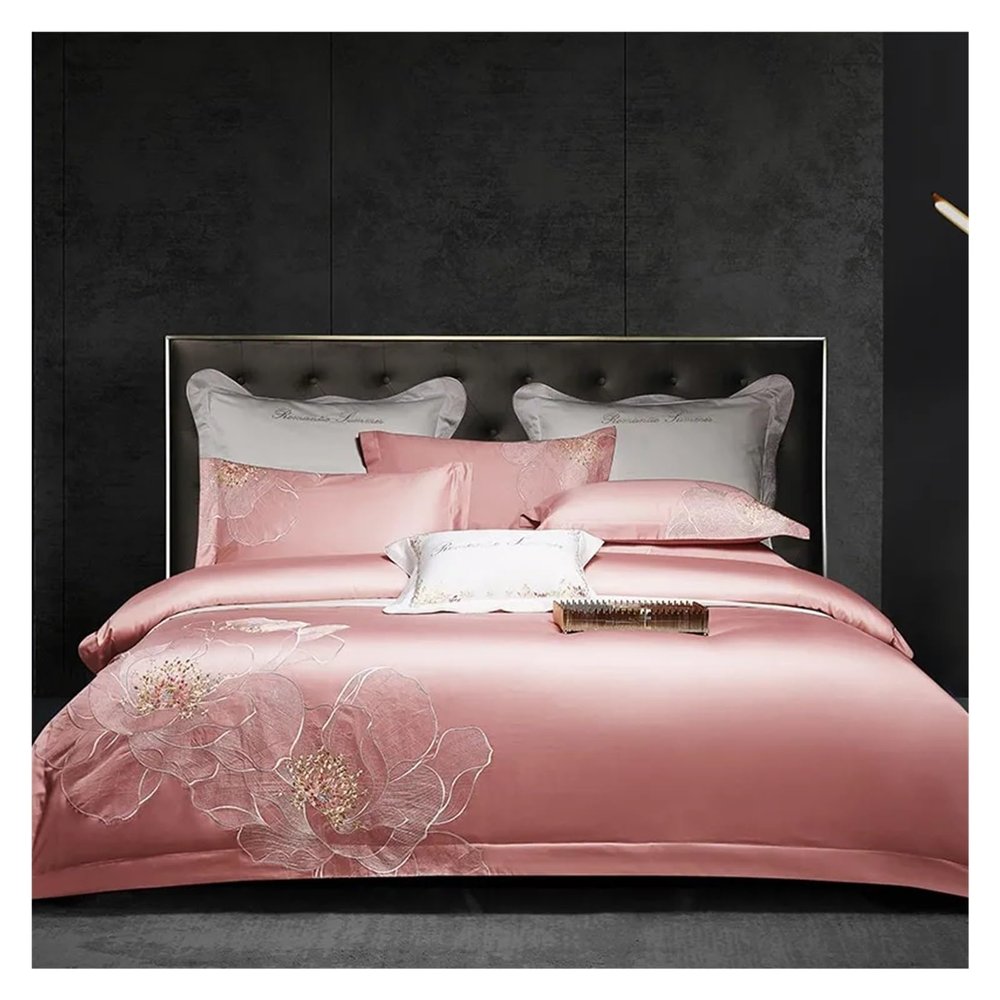 GLAMDIA 1000TC Long Staple Cotton Blue Bedding Set Chic Embroidery Blooming Flower Art Duvet Cover Set Bed Sheet Pillowcases Queen King,Bed