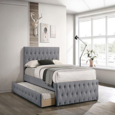 Kaimei Light Grey Burlap Upholstered Button Tufted Full Size Bed with Trundle, Kids Bedroom Furniture