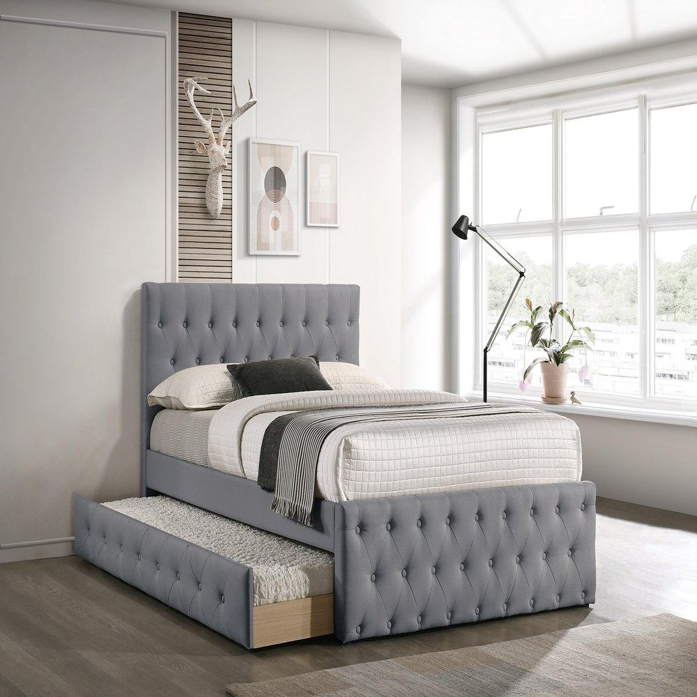 Kaimei Light Grey Burlap Upholstered Button Tufted Full Size Bed with Trundle, Kids Bedroom Furniture