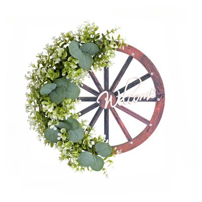 Farmhouse Wagon Wheel Christmas Wreath Red Wagon Wheel Wreaths with Ribbon Bow Berry Christmas Wagon Wheel Wreath for Front Door Wooden Wagon Wheel Wreath (Leaf)