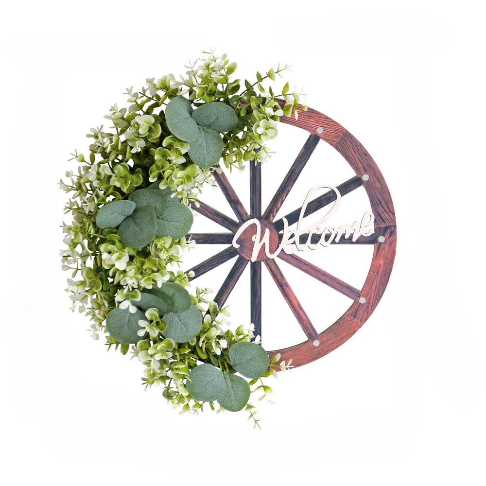 Farmhouse Wagon Wheel Christmas Wreath Red Wagon Wheel Wreaths with Ribbon Bow Berry Christmas Wagon Wheel Wreath for Front Door Wooden Wagon Wheel Wreath (Leaf)