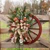 Farmhouse Wagon Wheel Christmas Wreath Red Wagon Wheel Wreaths with Ribbon Bow Berry Christmas Wagon Wheel Wreath for Front Door Wooden Wagon Wheel Wreath (Leaf) view 2