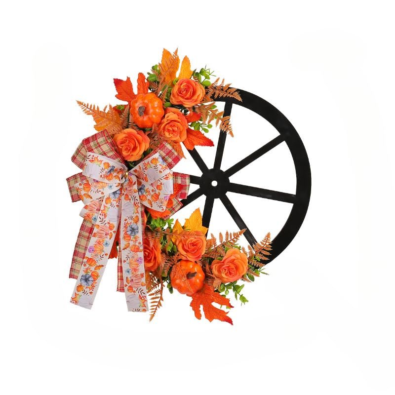 Farmhouse Wagon Wheel Christmas Wreath Red Wagon Wheel Wreaths with Ribbon Bow Berry Christmas Wagon Wheel Wreath for Front Door Wooden Wagon Wheel Wreath (Pumpkin)