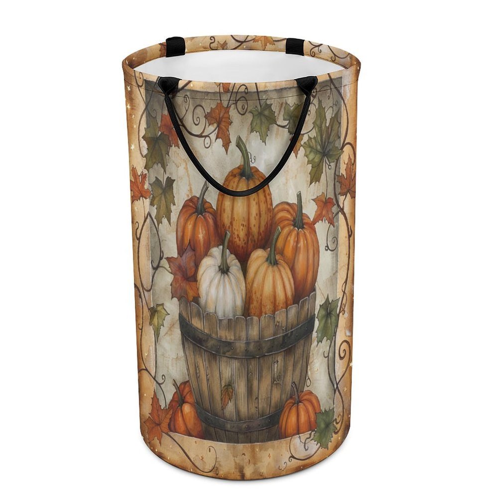Watercolor Autumn Harvest Pumpkin Laundry Basket Large Volume,Rustic Halloween Western Farmhouse Fall Maple Leaves Dirty Clothes Basket Hampers Storage for Dorm And Family 15.7W" X27.2H"