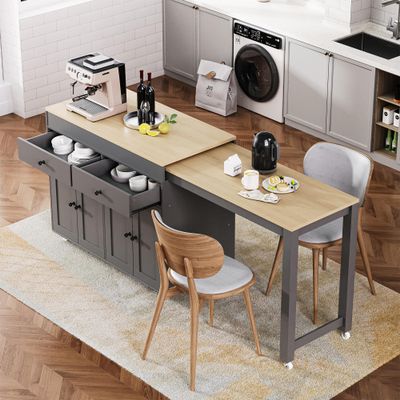 Hlcodca 74.5 Inch Modern Kitchen Island With Extendable Dining Table, Mobile Storage Islands, Grey
