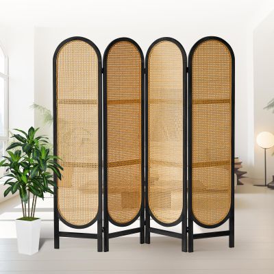 Asnefeli 4 Panel Room Divider, Double Hinged Foldable Wooden Room Divider, Individual Privacy Screen Made of Hand-Woven Rattan, Portable Wall Divider for Home Office Bedroom Bathroom (Black Natural)