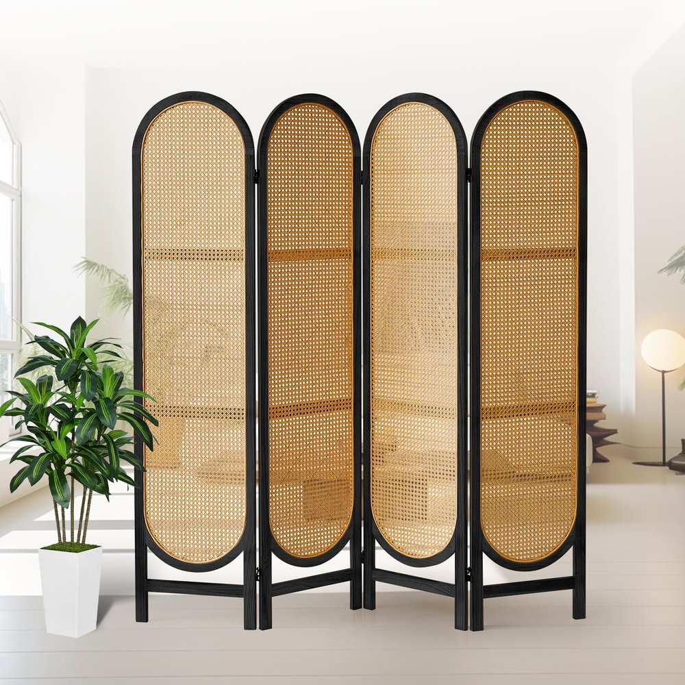 Asnefeli 4 Panel Room Divider, Double Hinged Foldable Wooden Room Divider, Individual Privacy Screen Made of Hand-Woven Rattan, Portable Wall Divider for Home Office Bedroom Bathroom (Black Natural)