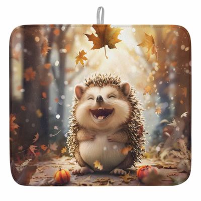 Fall Dish Drying Mat for Kitchen 16x18 Inch Smile Hedgehog Absorbent Reversible Microfiber Dish Drying Pad Dish Rack Drainer Mats Pumpkin Maple Leaves Forest Thanksgiving Kitchen Counter Accessories