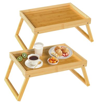 RRX Bamboo Bed Tray Table with Folding Legs, Breakfast Tray, 2 Pack (Beige)