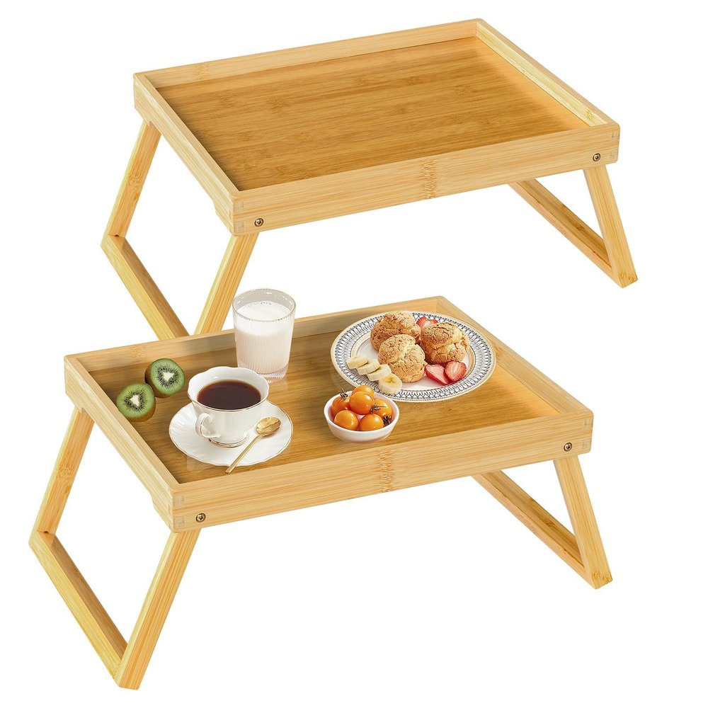 RRX Bamboo Bed Tray Table with Folding Legs, Breakfast Tray, 2 Pack (Beige)