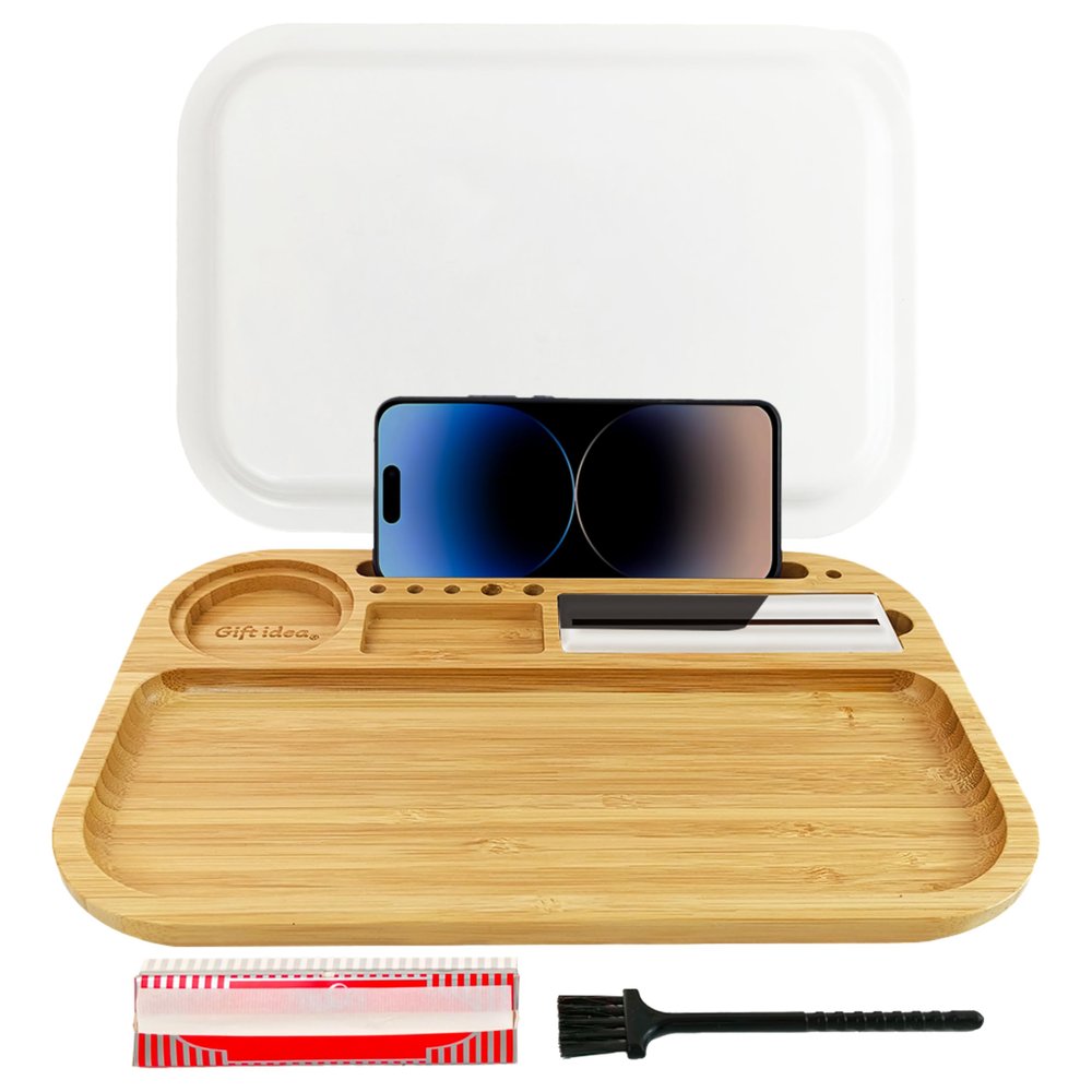 Large Wooden Tray with Lid,Bamboo Tray with Storage Compartment, Portable Organizer Trays with Brush Accessories,Spill Proof Cover, Ideal Storage for Home or Travel