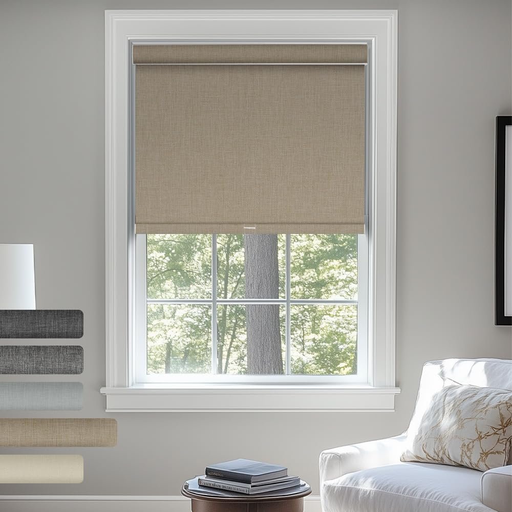 Sulugood Blackout Roller Shades, Cordless Linen Window Blinds, Blackout Roller Blinds with Cassette Valance Thermal Insulated Window Shades for Home Office Bedroom, Brown, 12" W x 84" H