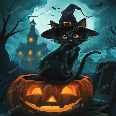 Unframed Canvas Painting Halloween Black Cat Beautiful Picture Posters,Unframed Wall Art Prints Wall Art For Living Room - For Home Decor Wall Decor Room Decor 8x12Inch