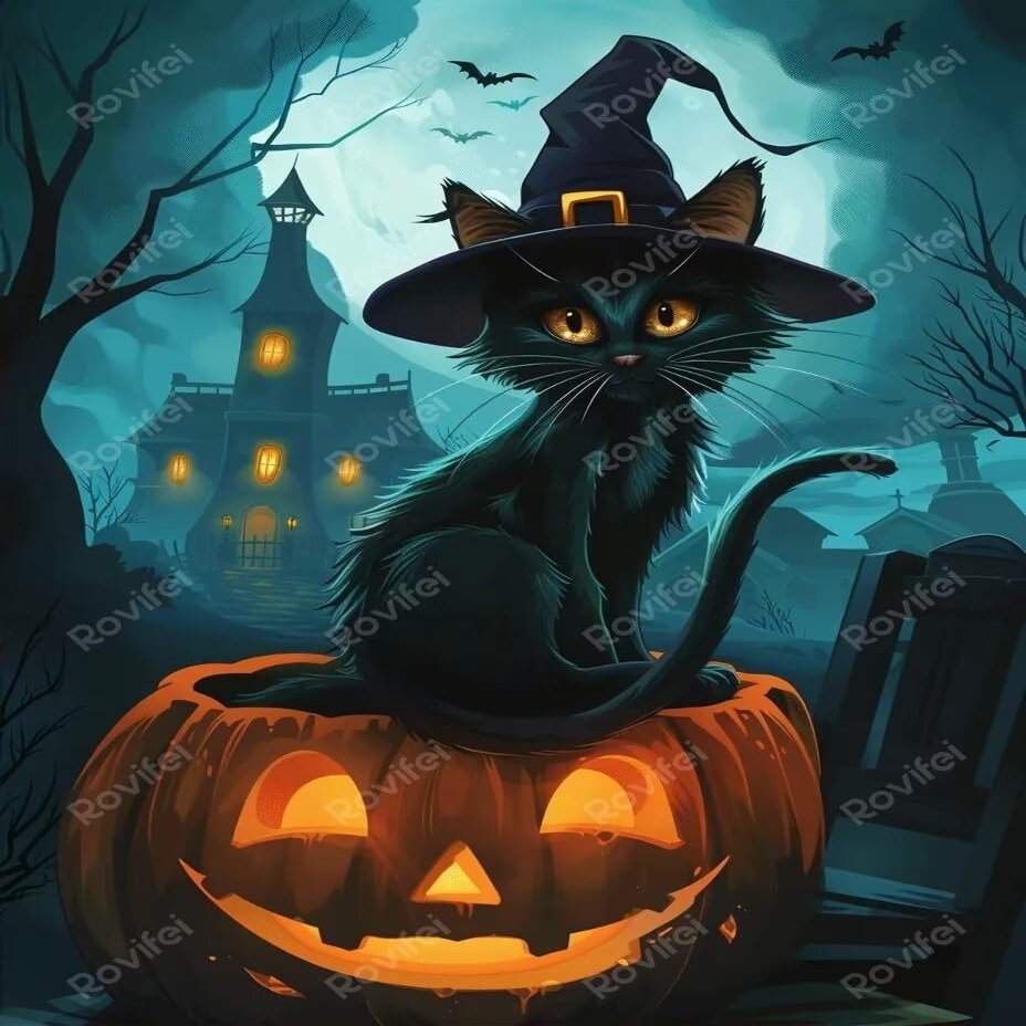 Unframed Canvas Painting Halloween Black Cat Beautiful Picture Posters,Unframed Wall Art Prints Wall Art For Living Room - For Home Decor Wall Decor Room Decor 8x12Inch