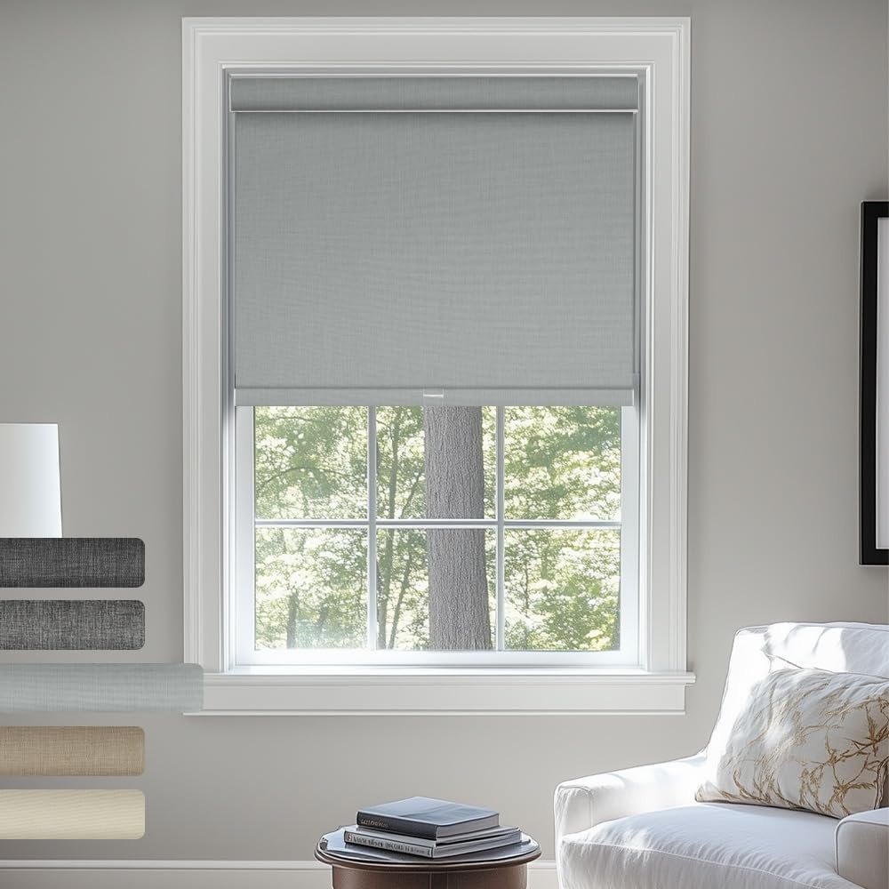 Sulugood Blackout Roller Shades, Cordless Linen Window Blinds, Blackout Roller Blinds with Cassette Valance Thermal Insulated Window Shades for Home Office Bedroom, Light Grey, 64" W x 84" H