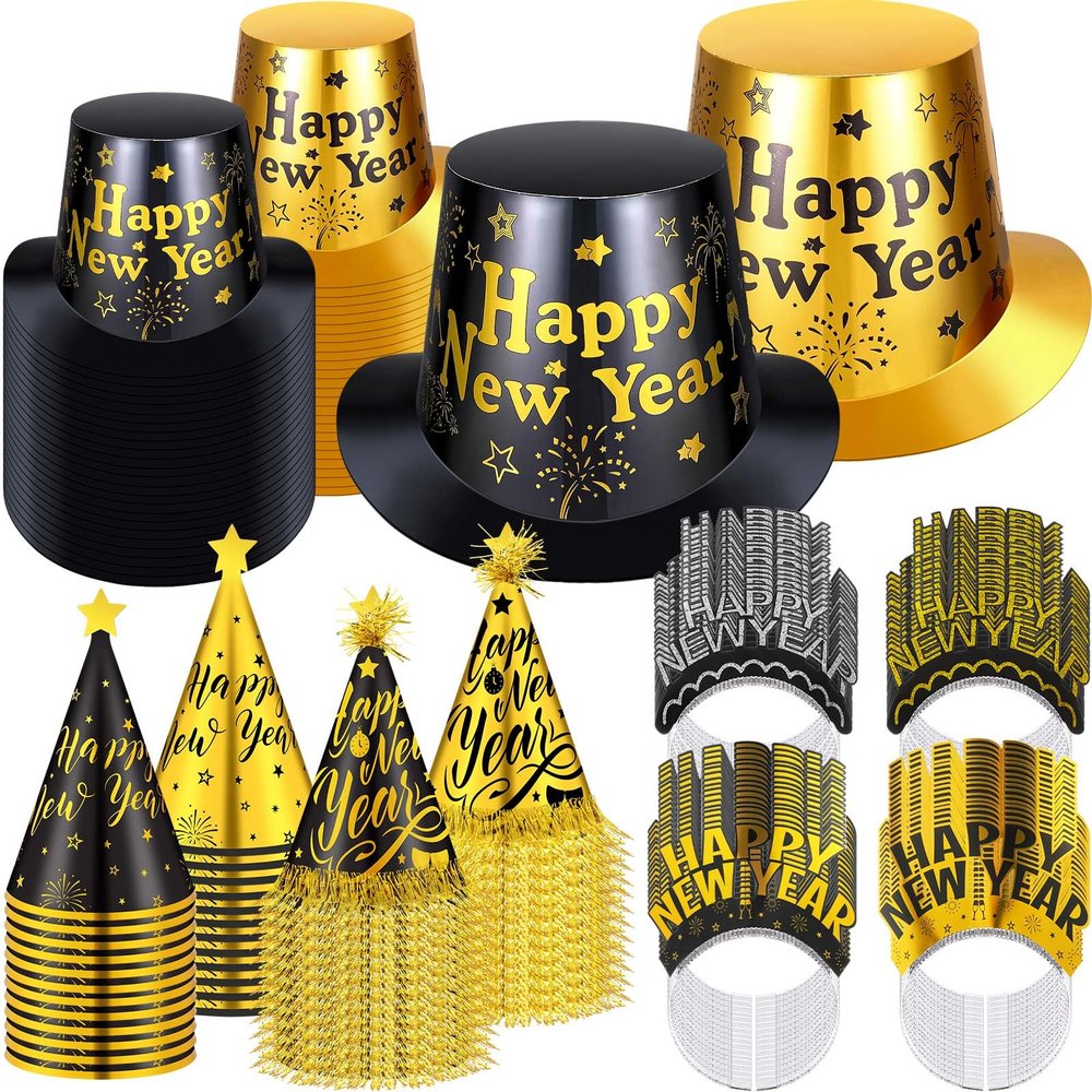 Suhine 144 Pcs 2026 New Years Eve Party Supplies Include 48 Happy Year Headband Hats 48 Eve Hats 48 Party Paper Cone Hat(Gold,Black)