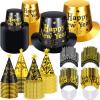 Suhine 144 Pcs 2026 New Years Eve Party Supplies Include 48 Happy Year Headband Hats 48 Eve Hats 48 Party Paper Cone Hat(Gold,Black) view 1