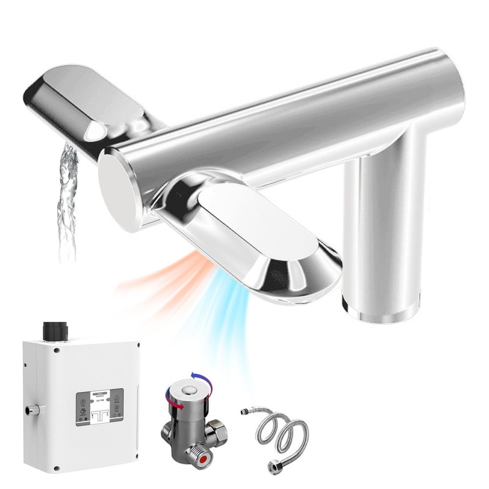 agreilduite Touchless Bathroom Faucets,2 in 1 Contactless Cleaning-Clean Left + Dry Right,Hand Dryer -7-10s Fast Drying,Induction Water Tap-Hot &Cold Regulating Valve,for Under-Counter Basin,Silver