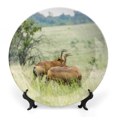 Animal Red Hartbeest Decorative Plate for Wall Hanging Modern Wall Decor Art Ceramic Plate with Display Stand Round Porcelain Household Plates Dinner Dessert Dish 6"