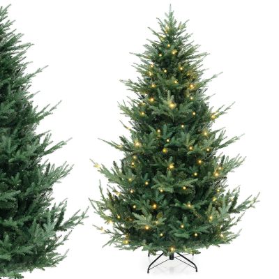 DORTALA 7FT Prelit Christmas Tree Green, Hinged Artificial Xmas Tree with 340 Warm White LED Lights, 8 Lighting Modes, 1090 PE & PVC Mixed Branch Tips, for Home Office Party