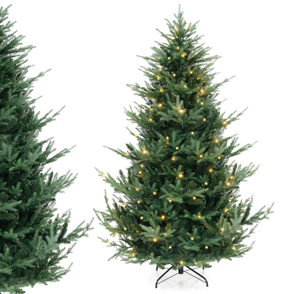DORTALA 7FT Prelit Christmas Tree Green, Hinged Artificial Xmas Tree with 340 Warm White LED Lights, 8 Lighting Modes, 1090 PE & PVC Mixed Branch Tips, for Home Office Party