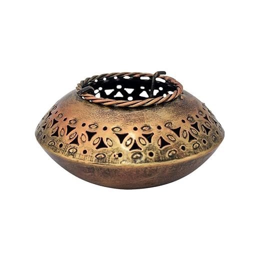 Vishnu Handicrafts Store Home Decor Tealight Holder/Perforated Degchi Style Candle Stand/Antique Finished Dhoop Incense/Tealight Holder Degchi Pot - Black Golden Chrome Polished