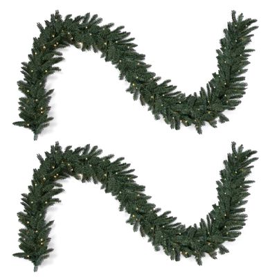 Papyrus 2 Pack of 9 ft Pre-Lit Blue Spruce Garland, Artificial, Warm White Light, Battery Powered, Indoor/Outdoor