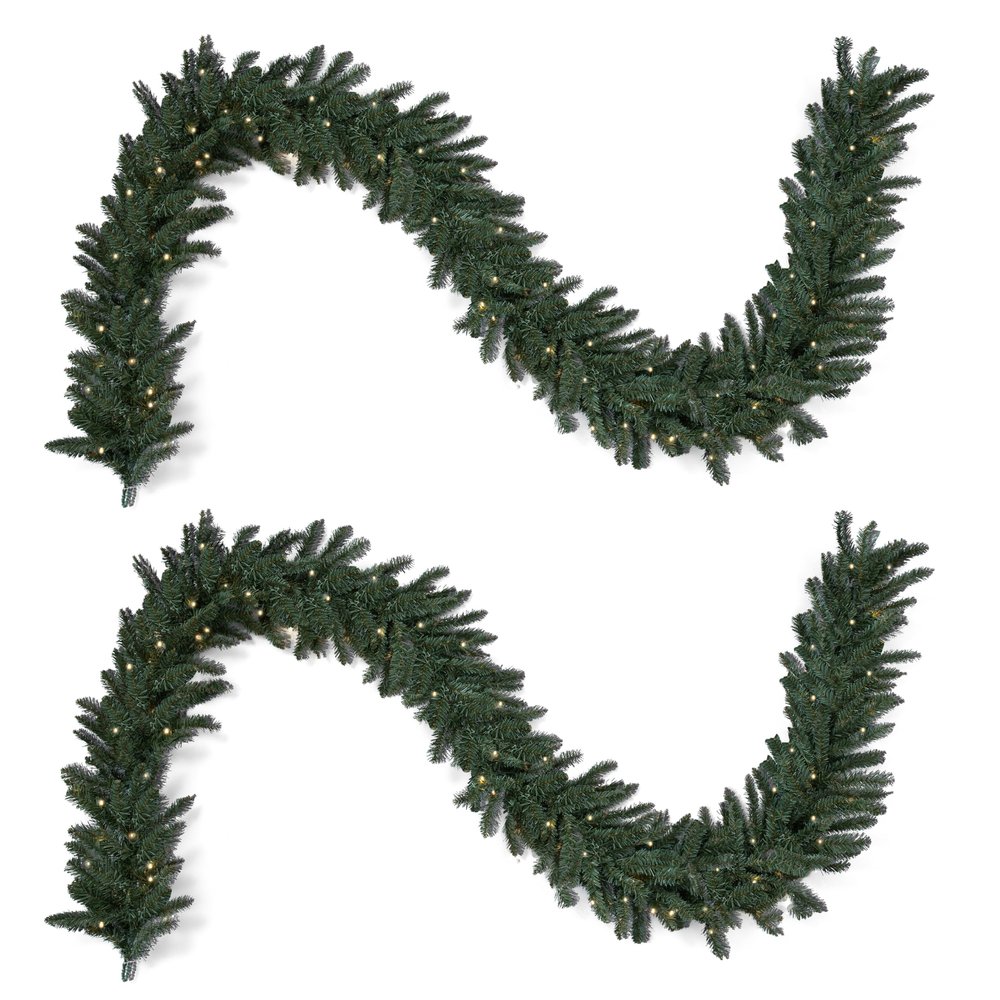 Papyrus 2 Pack of 9 ft Pre-Lit Blue Spruce Garland, Artificial, Warm White Light, Battery Powered, Indoor/Outdoor